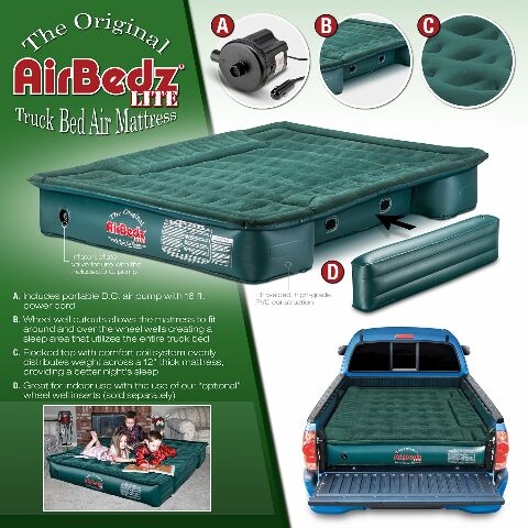 AirBedz Lite (PPI PV203C) Mid-Size 6'-6.5' Short Truck Bed Air Mattress, Green (72" x 55" x 12" Inflated)