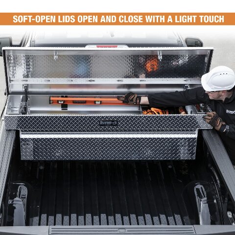 Buyers Products Crossover Truck Tool Box, Heavy Duty Saddle Cargo Bed Organizer Compatible with Equipment Accessories Storage, Metal Diamond Tread Aluminum, 71x20x18, Silver, 1709410