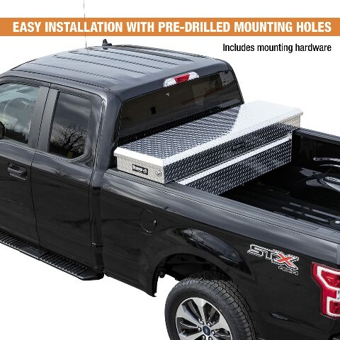 Buyers Products Crossover Truck Tool Box, Heavy Duty Saddle Cargo Bed Organizer for Equipment Accessories Storage, Metal Diamond Tread Aluminum, 71x20x18, Silver, 1709410