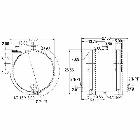 Buyers Products SMC50A Side Mount Cylindrical Aluminum Reservoir, 50 Gallons, 2 In. NPT Return Ports, Mounting Hardware, Straps & Filler Breather Unit Included