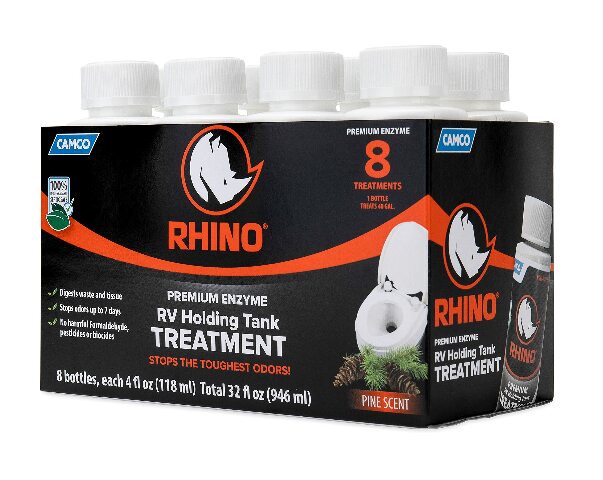 Camco RhinoFLEX Premium Enzyme RV Holding Tank Treatment Singles | Features a Biodegradable Septic Safe Formula, a Pine Scent, and is Ideal Compatible with RVing, Boating, and More | (8) 4 oz Bottles (41511)