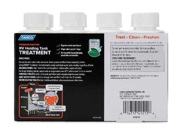 Camco RhinoFLEX Premium Enzyme RV Holding Tank Treatment Singles | Features a Biodegradable Septic Safe Formula, a Pine Scent, and is Ideal Compatible with RVing, Boating, and More | (8) 4 oz Bottles (41511)