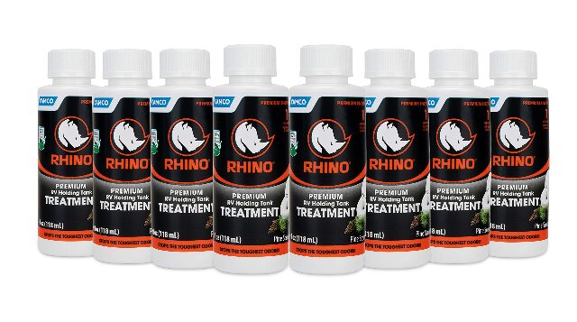 Camco RhinoFLEX Premium Enzyme RV Holding Tank Treatment Singles | Features a Biodegradable Septic Safe Formula, a Pine Scent, and is Ideal Compatible with RVing, Boating, and More | (8) 4 oz Bottles (41511)