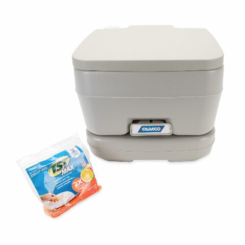 Camco Portable Travel Toilet - Features Bellow-Type Flush and Sealing Slide Valve to Lock-in Odors and Protect against Leakage-| Lightweight and Compact, 2.6 Gallon (41531)