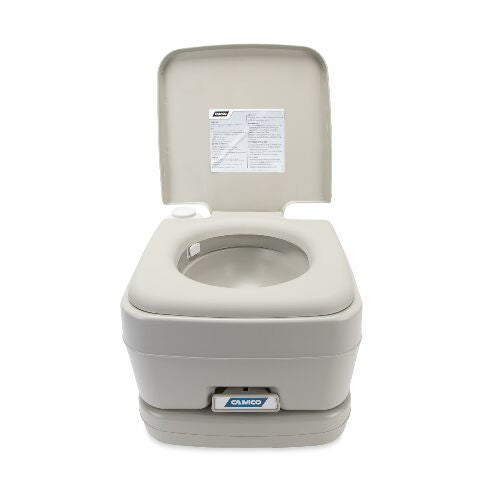 Camco Portable Travel Toilet - Features Bellow-Type Flush and Sealing Slide Valve to Lock-in Odors and Protect against Leakage-| Lightweight and Compact, 2.6 Gallon (41531)