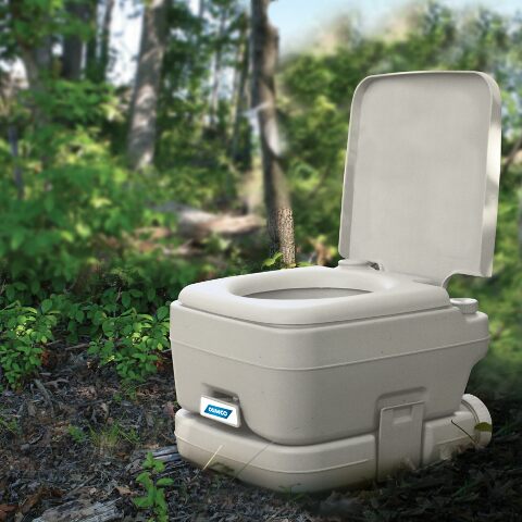 Camco Portable Travel Toilet - Features Bellow-Type Flush and Sealing Slide Valve to Lock-in Odors and Protect against Leakage-| Lightweight and Compact, 2.6 Gallon (41531)