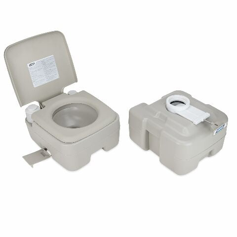 Camco 5.3-Gallon Portable Travel Toilet - Features Detachable Holding Tank w/Sealing Slide Valve & Bellow-Type Flush - Easy Transport w/Compact Lightweight Design & Carry Handle - Gray (41541)
