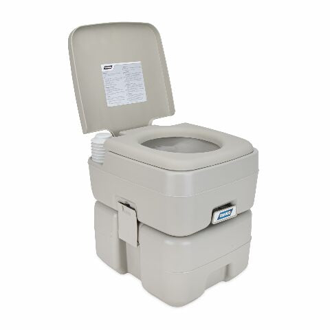 Camco 5.3-Gallon Portable Travel Toilet - Features Detachable Holding Tank w/Sealing Slide Valve & Bellow-Type Flush - Easy Transport w/Compact Lightweight Design & Carry Handle - Gray (41541)