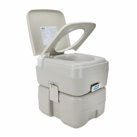Camco 5.3-Gallon Portable Travel Toilet - Features Detachable Holding Tank w/Sealing Slide Valve & Bellow-Type Flush - Easy Transport w/Compact Lightweight Design & Carry Handle - Gray (41541)