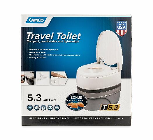 Camco Premium Portable Travel Toilet With Three Directional Flush and Swivel Dumping Elbow | Designed Compatible with Camping, RV, Boating And Other Recreational Activities - (5.3 gallon) (41545),White