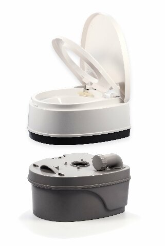 Camco Premium Portable Travel Toilet With Three Directional Flush and Swivel Dumping Elbow | Designed Compatible with Camping, RV, Boating And Other Recreational Activities - (5.3 gallon) (41545),White