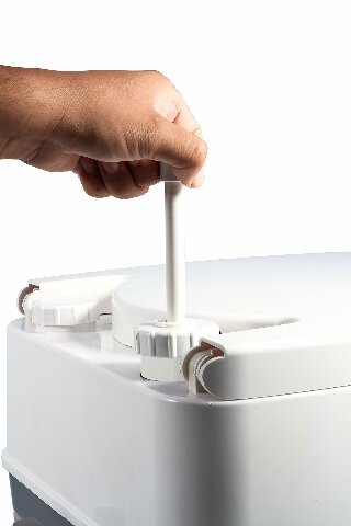 Camco Premium Portable Travel Toilet With Three Directional Flush and Swivel Dumping Elbow | Designed Compatible with Camping, RV, Boating And Other Recreational Activities - (5.3 gallon) (41545),White