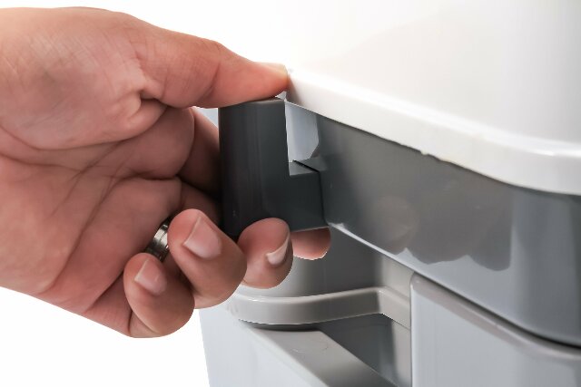 Camco Premium Portable Travel Toilet With Three Directional Flush and Swivel Dumping Elbow | Designed Compatible with Camping, RV, Boating And Other Recreational Activities - (5.3 gallon) (41545),White