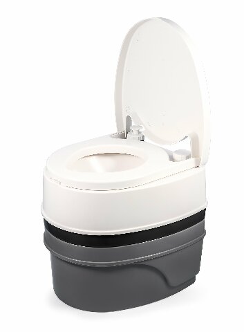 Camco Premium Portable Travel Toilet With Three Directional Flush and Swivel Dumping Elbow | Designed Compatible with Camping, RV, Boating And Other Recreational Activities - (5.3 gallon) (41545),White