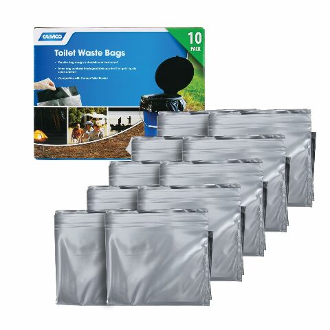Camco Toilet Waste Bags - Features Biodegradable Powder & Leak Proof Double Bag Design - Great Compatible with Camping, RVing, Hiking, or Boating - 10-Pack (41548)