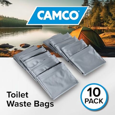 Camco Toilet Waste Bags - Features Biodegradable Powder & Leak Proof Double Bag Design - Great Compatible with Camping, RVing, Hiking, or Boating - 10-Pack (41548)