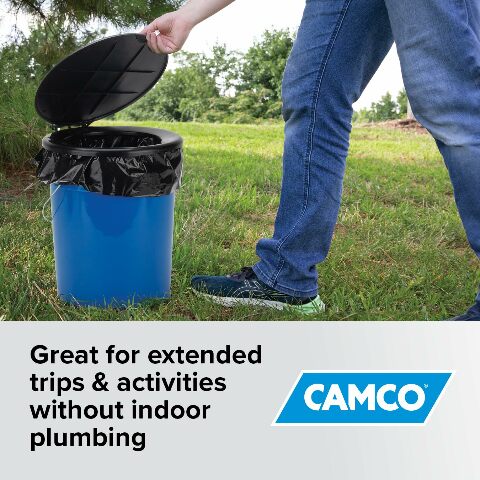 Camco Portable Toilet Bucket - Features 3 Bag Liners Compatible with Easy Clean Up & Attached Carry Handle - Includes Seat and Lid Attachment (41549)