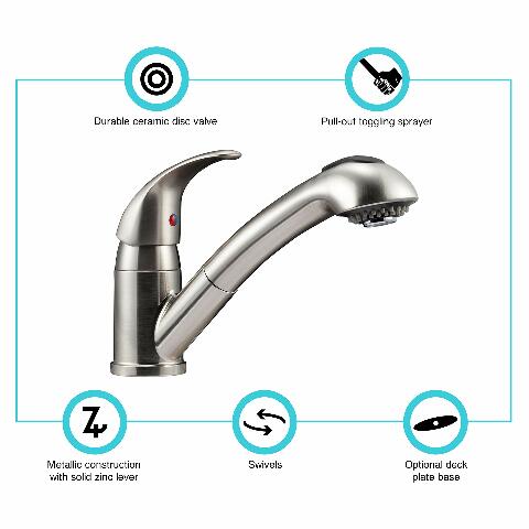 Dura Faucet DF-NMK852-SN RV Pull-Out Swivel Single Handle Kitchen Sink Faucet - One-Hole (Brushed Satin Nickel)