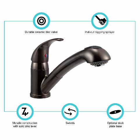 Dura Faucet DF-NMK852-VB RV Pull-Out Swivel Single Handle Kitchen Sink Faucet - One-Hole (Venetian Bronze)