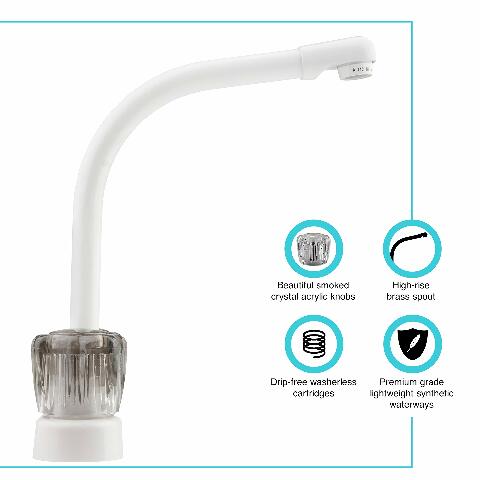 Dura Faucet DF-PK210S-WT Hi-Rise RV Kitchen Sink Faucet with Smoked Acrylic Knobs (White)