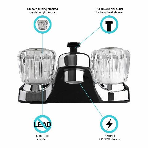 Dura Faucet DF-PL720A-CP RV Bathroom Faucet with Crystal Acrylic Knobs and Shower Hose Diverter (Chrome)