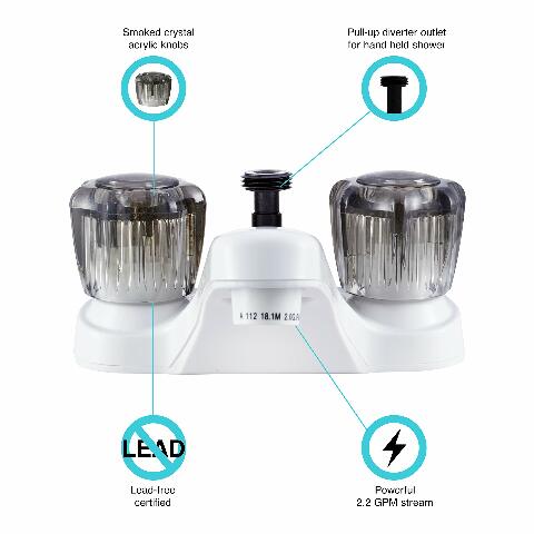 Dura Faucet DF-PL720S-WT RV Bathroom Faucet with Smoked Acrylic Knobs and Shower Hose Diverter (White)