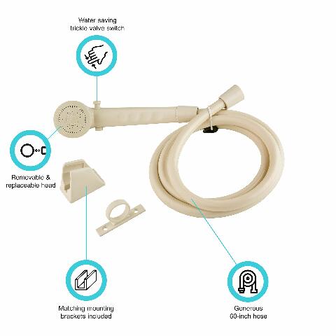 Dura Faucet (DF-SA130-BQ) RV High Pressure Shower Head and 60-inch Hose Kit - Water-Saving Trickle Switch (Bisque Parchment)