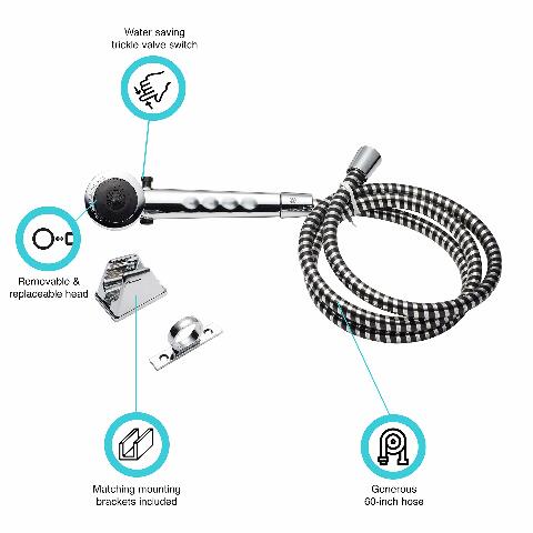 Dura Faucet DF-SA130-CP Economical RV Shower Head Hose Kit - Handheld Replacement Wand - Universal Water Saving Shower Head with Flow Control Trickle Switch (Chrome)