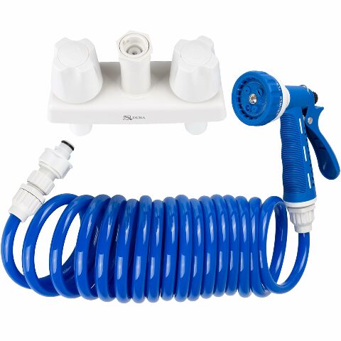 Dura Faucet DF-SA186-WT RV Exterior Quick Connect Detachable Spray Faucet with 7-Option Nozzle (White/Blue)