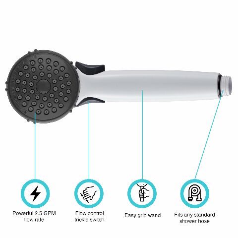 Dura Faucet DF-SA400-WT RV Hand Held Shower Wand - Water-Saving Trickle Switch (White)