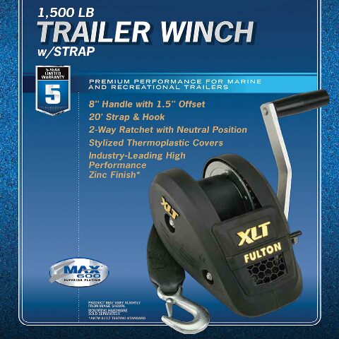 Fulton 142311 XLT Marine Trailer Winch, Single-Speed, 1,500 lbs. Capacity, 20 Foot Strap, 8 Inch Handle, Black Cover