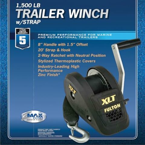 Fulton 142311 XLT Marine Trailer Winch, Single-Speed, 1,500 lbs. Capacity, 20 Foot Strap, 8 Inch Handle, Black Cover
