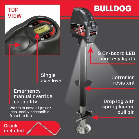 Bulldog 500199 Powered Drive A-Frame Electric Trailer Jack Compatible with Boat Trailers, 4,000 lbs. Capacity, Power Tongue Jack with Spring Loaded Pull Pin Compatible with 22 Inches of Total Travel, 3 Onboard LED Lights