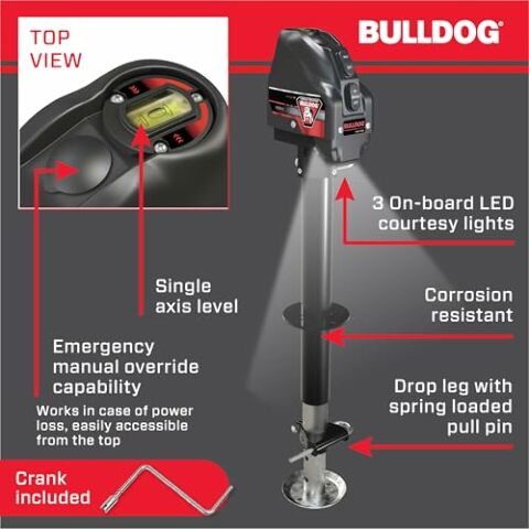 Bulldog 500199 Powered Drive A-Frame Electric Trailer Jack Compatible with Boat Trailers, 4,000 lbs. Capacity, Power Tongue Jack with Spring Loaded Pull Pin Compatible with 22 Inches of Total Travel, 3 Onboard LED Lights