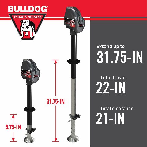 Bulldog 500199 Powered Drive A-Frame Electric Trailer Jack Compatible with Boat Trailers, 4,000 lbs. Capacity, Power Tongue Jack with Spring Loaded Pull Pin Compatible with 22 Inches of Total Travel, 3 Onboard LED Lights
