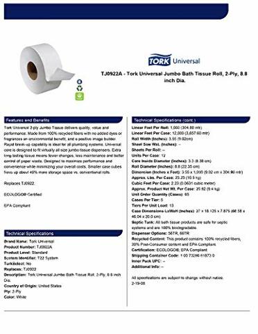 Tork Universal TJ0922A Jumbo Bath Tissue Roll, 2-Ply, 8.8" Dia, 3.55" Width x 1,000' Length, White (Case of 12 Rolls, 1,000 per Roll, 12,000 Feet)
