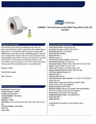Tork Universal TJ0922A Jumbo Bath Tissue Roll, 2-Ply, 8.8" Dia, 3.55" Width x 1,000' Length, White (Case of 12 Rolls, 1,000 per Roll, 12,000 Feet)