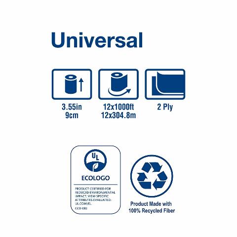 Tork Universal TJ0922A Jumbo Bath Tissue Roll, 2-Ply, 8.8" Dia, 3.55" Width x 1,000' Length, White (Case of 12 Rolls, 1,000 per Roll, 12,000 Feet)