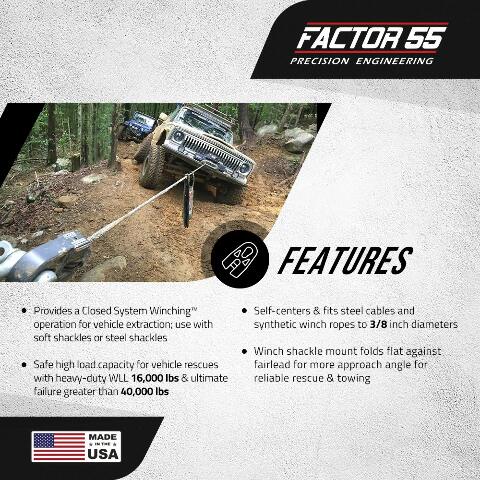 Factor 55 00080-06 Flatlink E (Expert) Replaces Conventional Winch Hook with a Stronger Shackle/D-Ring Mount Maximum Load 16,000 lb Ultimate Failure Greater Than 40,000 lb – Gray
