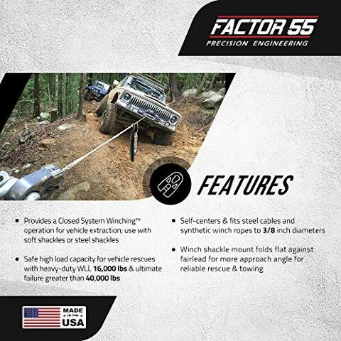 Factor 55 00080-06 Flatlink E (Expert) Replaces Conventional Winch Hook with a Stronger Shackle/D-Ring Mount Maximum Load 16,000 lb Ultimate Failure Greater Than 40,000 lb – Gray