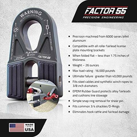 Factor 55 00080-06 Flatlink E (Expert) Replaces Conventional Winch Hook with a Stronger Shackle/D-Ring Mount Maximum Load 16,000 lb Ultimate Failure Greater Than 40,000 lb – Gray