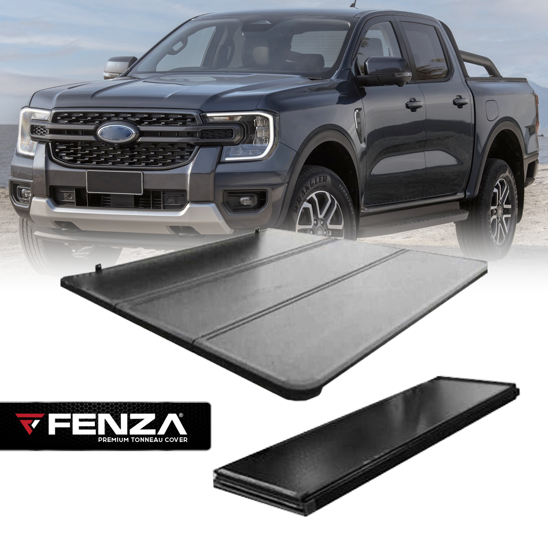 Close-up of Fenza hard tri-fold tonneau cover on Ford Ranger 2023