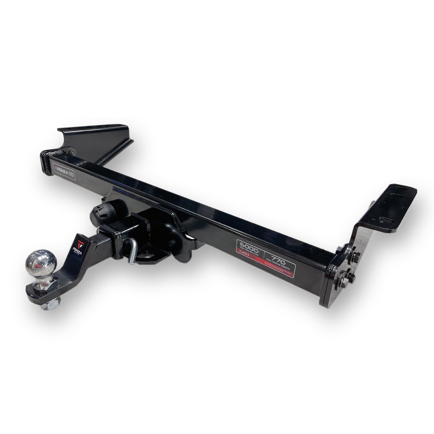 Close-up of Fenza heavy-duty hitch receiver and 2-inch ball mount