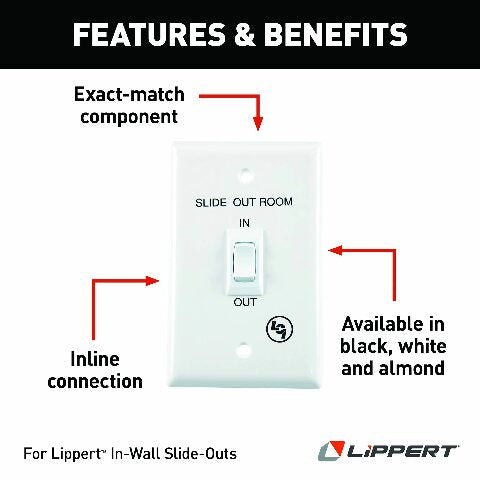 Lippert In-Wall Replacement Interior In/Out Switch Assembly with 3 Connectors on the Back Compatible with RV Slide-Out Systems, White - 19 2063