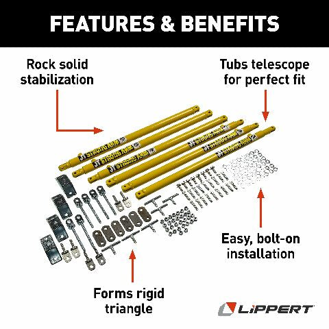 JT's Strong Arm Travel Trailer Jack Stabilizer Kit, Bolt-On Installation, Universal Compatibility, Telescoping Tubes, Eliminates Chassis Movement - 191025