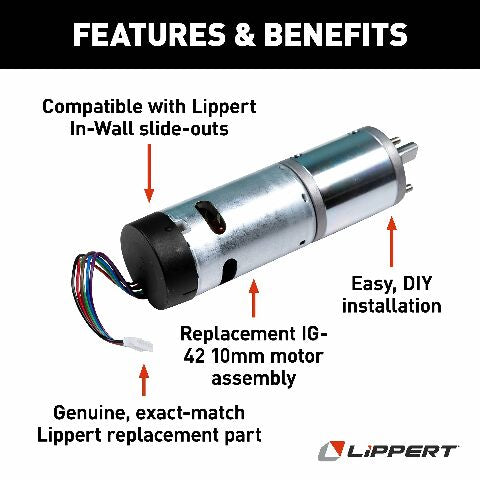Lippert Replacement IG-42 10-Millimeter In-Wall RV Slide-Out Motor Assembly, 300:1 Ratio, Improved Function Compatible with Slide-outs, Easy, DIY Installation, Exact-Match Component - 236575
