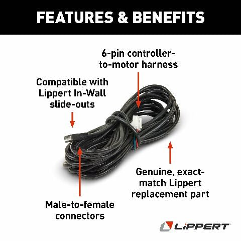 Lippert Replacement 35' Male-to-Female 6-Pin Controller-to-Motor Harness Compatible with In-Wall RV Slide-Out Systems, Exact-Match Connectors, Compatible with 5th Wheel RVs, Travel Trailers, Motorhomes - 238992