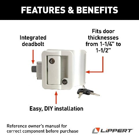 Lippert Global Entry Door Latch Kit with Deadbolt, Keyed Lock, Two FIC Keys, Edge Cover Plate, Strike Plate, Mounting Screws Compatible with Travel Trailers - 239632, White