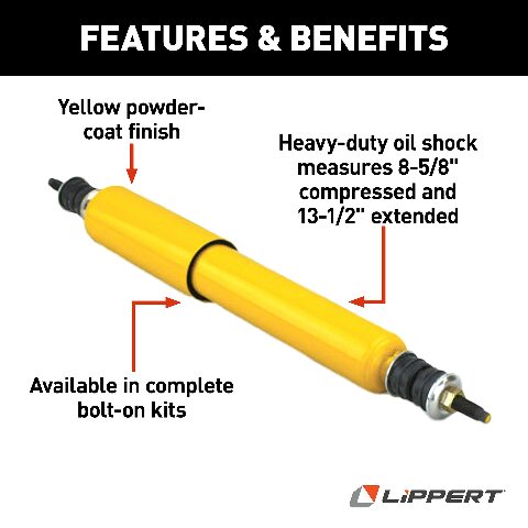 Lippert Replacement Heavy-Duty Shock Compatible with RV Trailer Suspension System, Yellow, Measures 8-5/8" Compressed, 13-1/2" Extended, Bolt-On, One Per Package - 283280