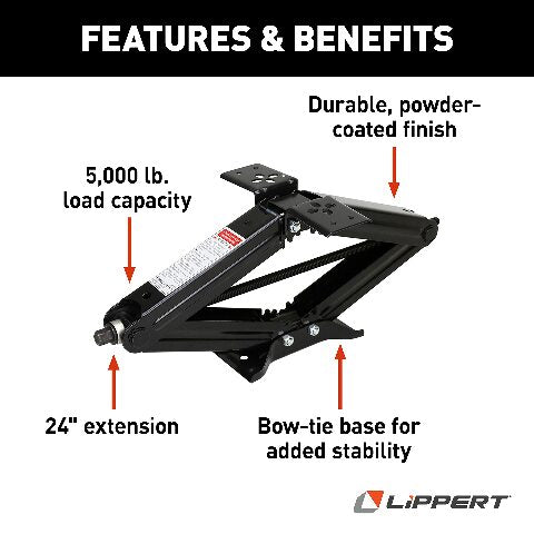 Lippert Manual RV Scissor Jack Kit, 5,000 lbs. 24" Extended, 4-1/4" Retracted, Universal Bolt-on or Weld-on Compatible with Travel Trailer, 5th Wheel, Stable Bow-Tie Base, Crank Handle Sold Separately - 285325